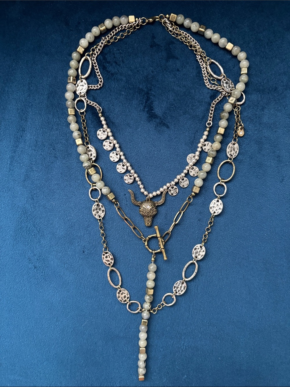 Shyanne Layered Gray Bead & Gold-Tone Bull Pendant Necklace